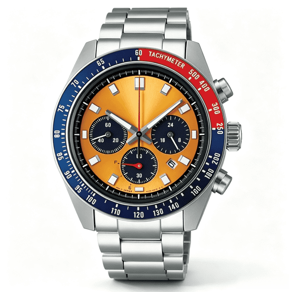 Men’s Chronograph Quartz Watch, Blue Red Tachymeter Bezel, Stainless Steel Band Sports Wristwatch