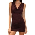 thumbnail image 3 of Women'S Bodycon Mini Dress Sleeveless Cowl Neck High Waist Ruched Hip Hugging Short Dress Brown L, 3 of 10