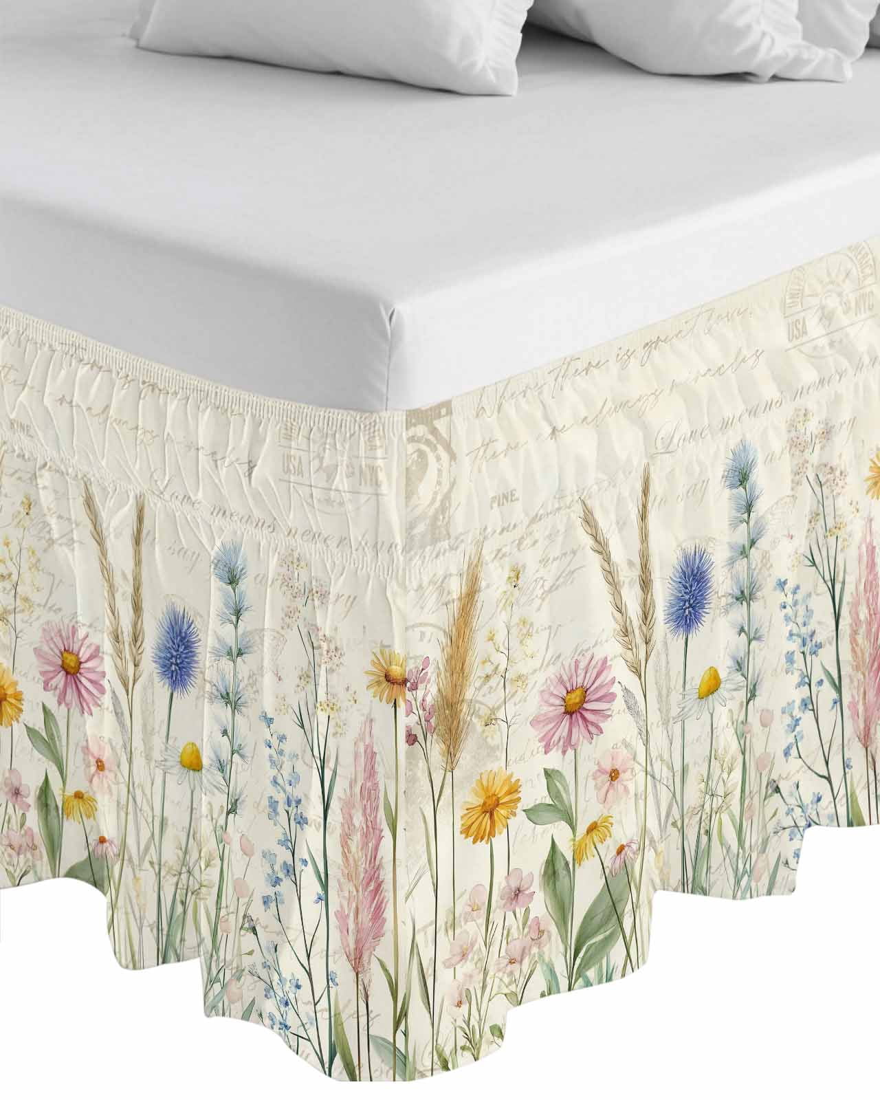 Spring Floral Bed Skirt Queen Size, Summer Flower Botanical Farmhouse Wrap Around Bed Skirting with Adjustable Elastic Strap, Dust Ruffle Pleated Bedskirts 16 Inch Drop for Bedroom Queen Beds