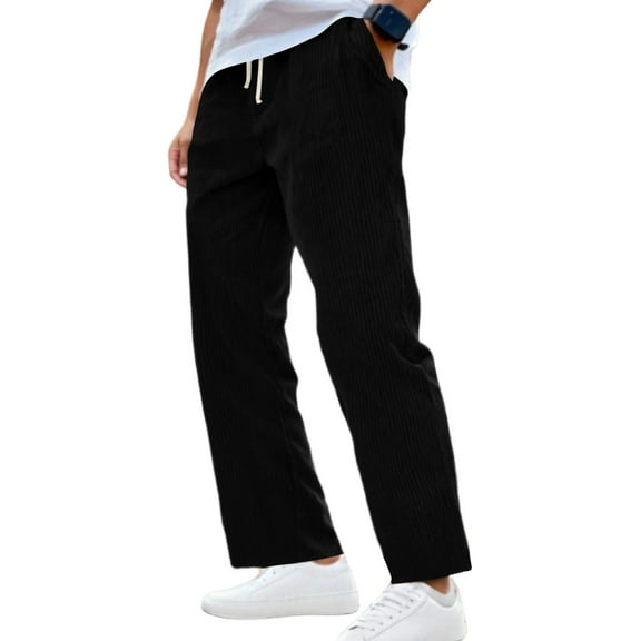 Resicozy Men's Baggy Pants Tie Front Drawstring Waist Corduroy Pants Casual Loose Straight Leg Pants Trousers with Pockets Black 3XL