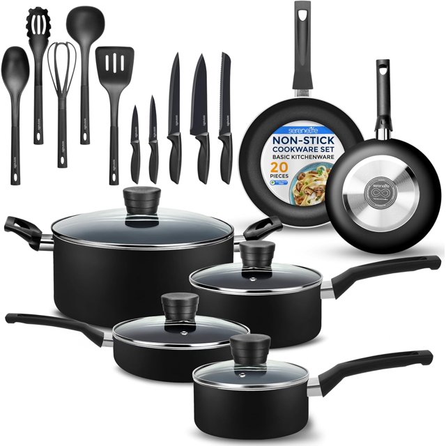 SereneLife Kitchenware Pots & Pans Basic Kitchen Cookware, Black Non-Stick Coating Inside, Heat Resistant Lacquer (20-Piece Set), One Size