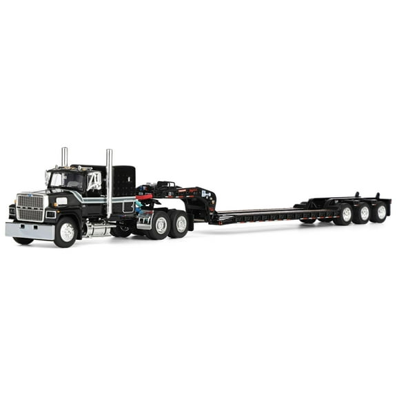 Ford LTL 9000 with 60" Flat Top Sleeper & Fontaine Magnitude Tri-Axle Lowboy Trailer Black 1/64 Diecast Model made by DCP/First Gear