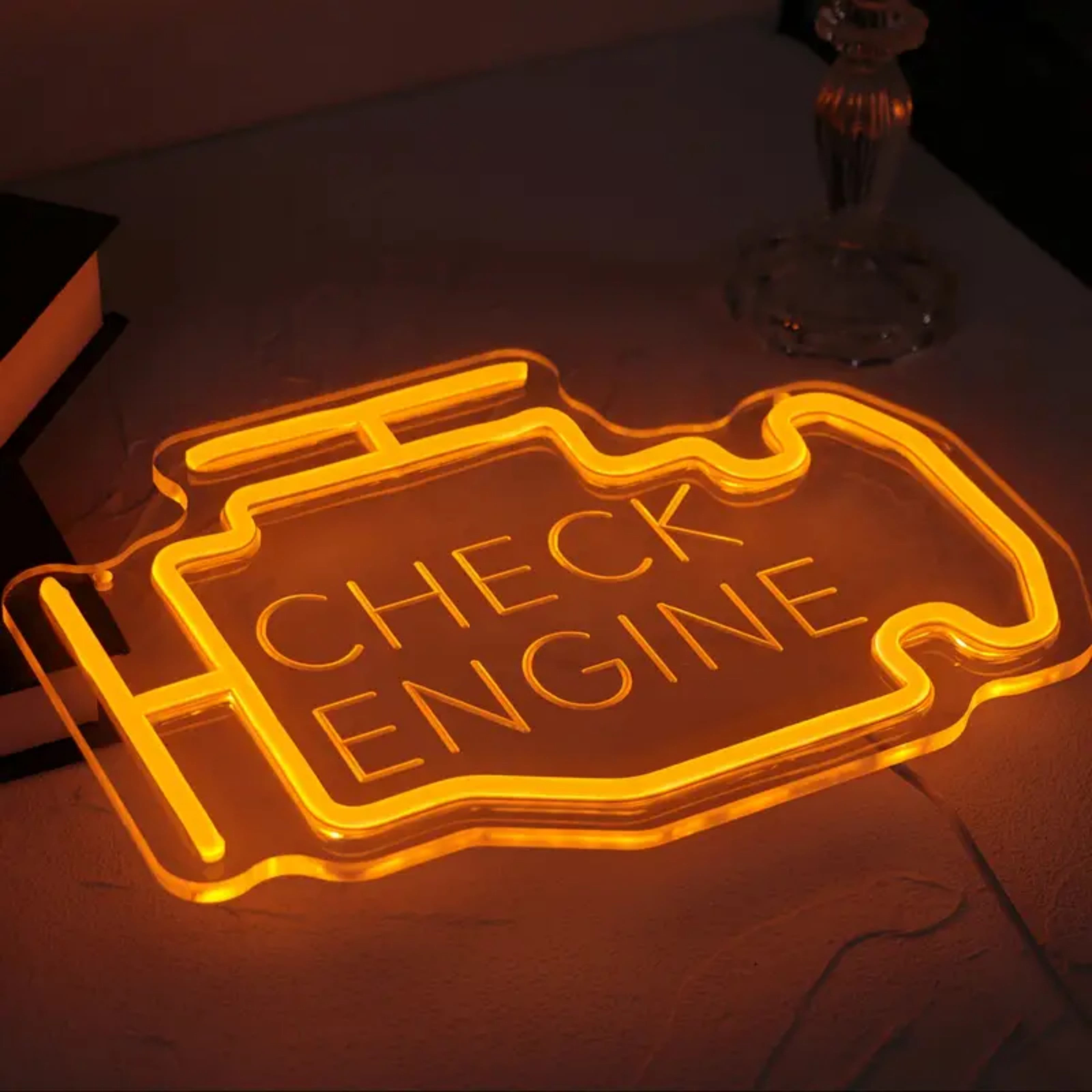 UPONRAY Check Engine Neon Signs, 11.8'*8.6' Dimmable & USB-Powered LED Neon Light, Stylish Wall Decor for Man Cave, Garage, Workshop(Engraved Letters)