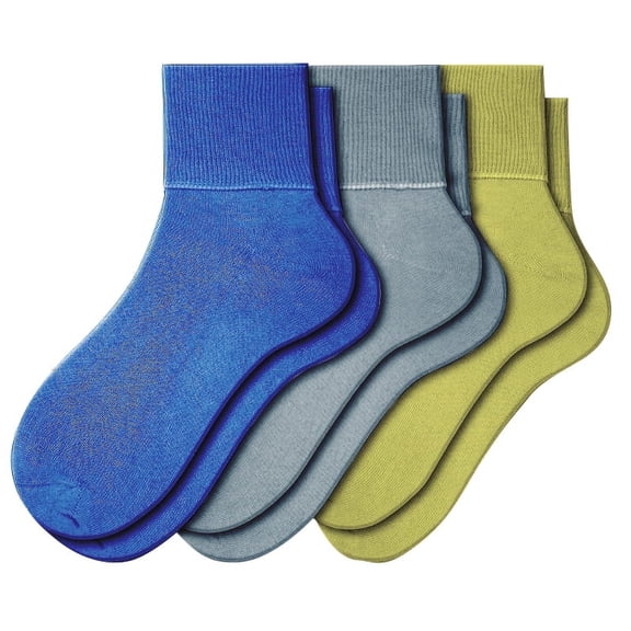 Sierra Socks Women's 3 Pair 100% Cotton Ankle Turn Cuff Seamless Toe Socks, Assorted Aqua/Yellow/Marine Blue, Fits Shoe Size 11–12