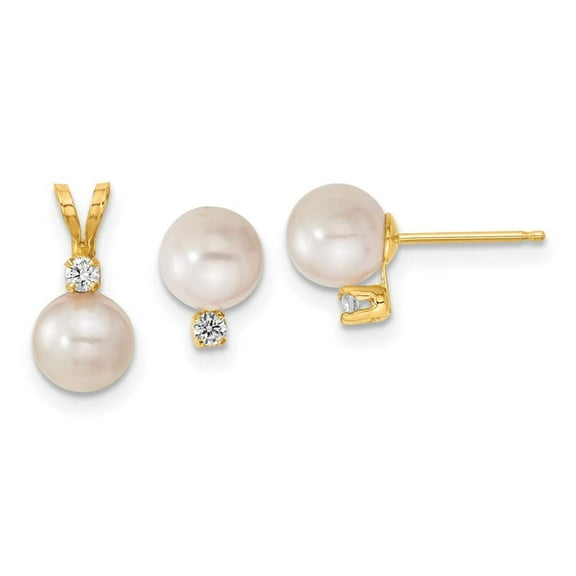 14k 6-7mm White Round Akoya Saltwater Cultured Pearl and .10 Carat Diamond Post Earrings and Pendant Set XF399SET