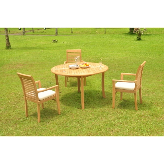 Grade-A Teak Dining Set: 3 Seater 4 Pc: 52" Round Table And 3 Mas Stacking Arm Chairs Outdoor Patio WholesaleTeak #WMDSMSu