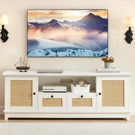 Jojoka TV Stand with Rattan Doors and Storage Drawers, 63'' Entertainment Center for 70 65 60 55 Inch TV, Wood TV Media Cabinet Console Table with Adjustable Shelves for Bedroom, Living Room, White