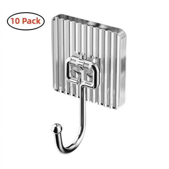 10 Pack Adhesive Hooks, Transparent Self Adhesive Wall Hooks Heavy Duty Removable Waterproof Clear Plastic Sticky Hooks