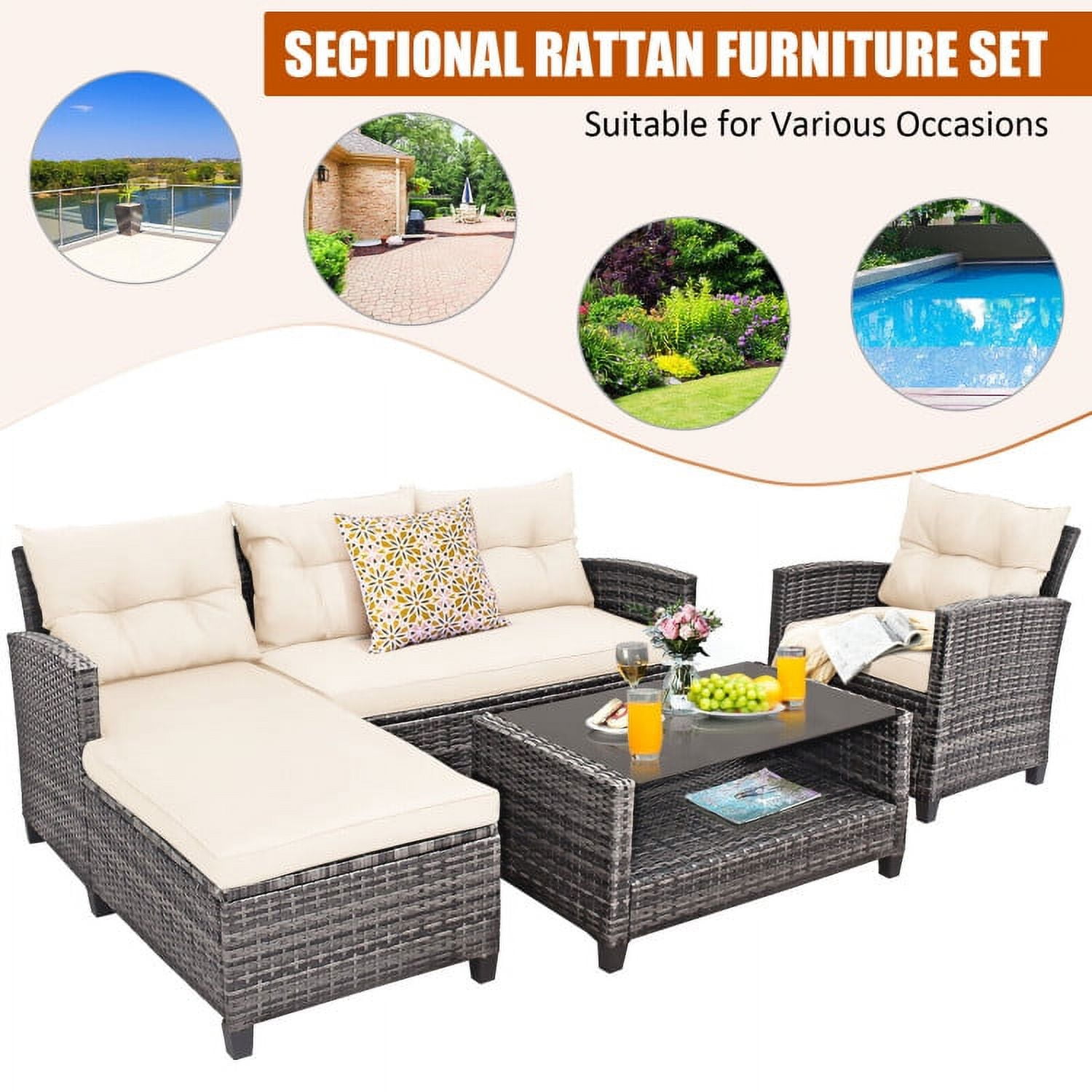 Aimee Lii 4 Pieces Patio Rattan Furniture Set with Cushion and Table Shelf, Outdoor Deck Furniture, Off White Aimee Lii 4 Pieces Patio Rattan Furniture Set with Cushion and Table Shelf, Outdoor Deck Furniture, Off White