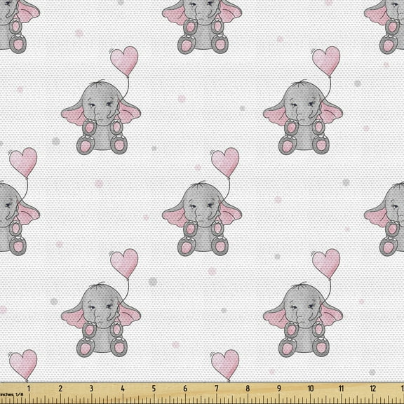 Ambesonne Animal Cartoon Fabric by the Yard Upholstery, Heart Balloons, 1 Yard, Grey Pale Pink White