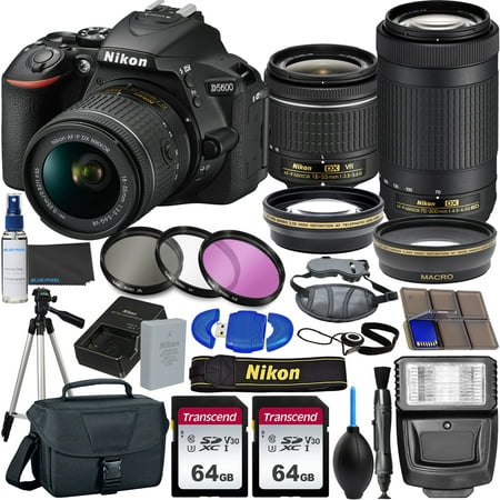 Nikon D5600 DSLR Camera with 18-55mm VR and 70-300mm Lenses + 2 Pc 64GB Memory, Tripod, Flash, and More (23pc Bundle)