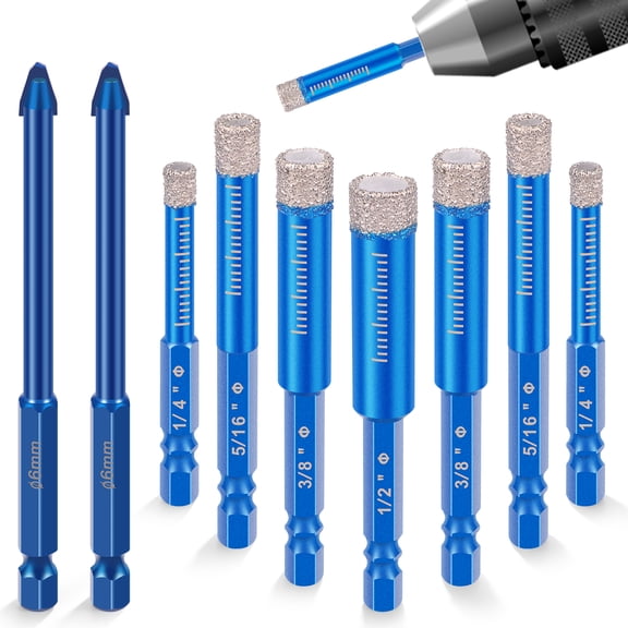 Dry Diamond Drill Bit Set (9-Piece) for Tile, Glass, Marble, Granite – Hex Shank Vacuum Brazed Bits for DIY Drainage Holes & Precise Cutting