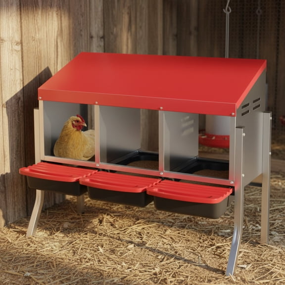 EuKer Nesting Box for Chicken, 3 Hole Metal Laying Box with Soft Pad and Bracket for Hens, Ducks, Rabbits, Red