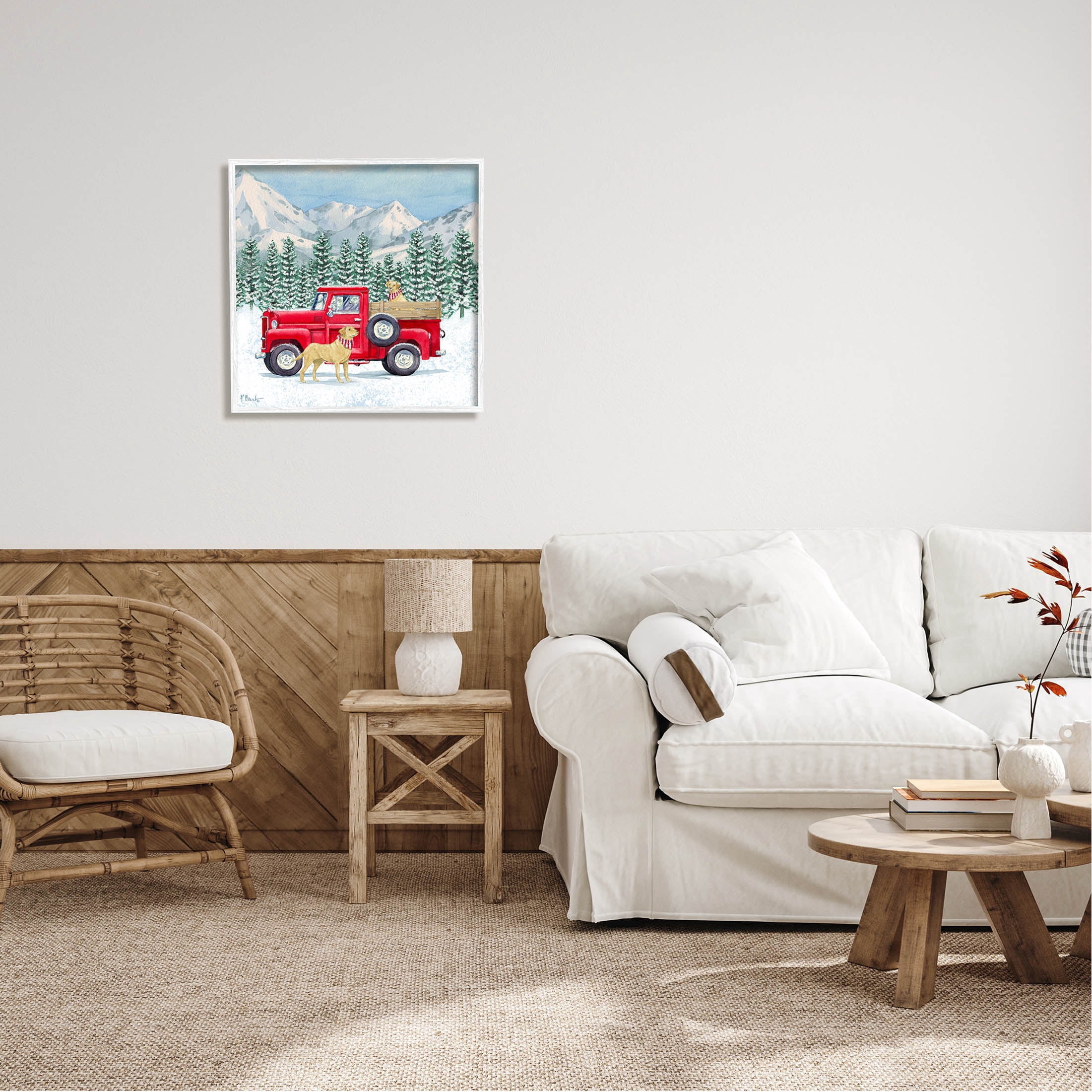 Stupell Industries Winter Pups Holiday Red Truck Painting White Framed Art Print Wall Art, Design by Paul Brent