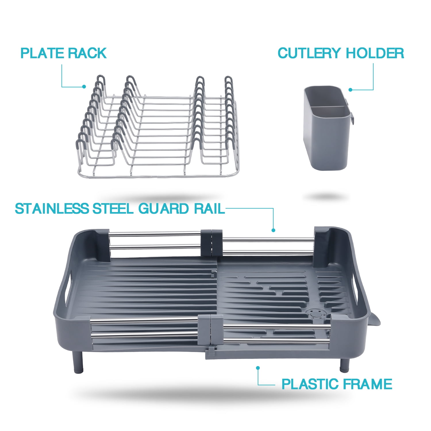 TOOLF Extendable Dish Rack, Dual Part Dish Drainers with Non-Scratch and  Movable Cutlery Drainer and Drainage Spout, Adjustable Dish Drying Rack for