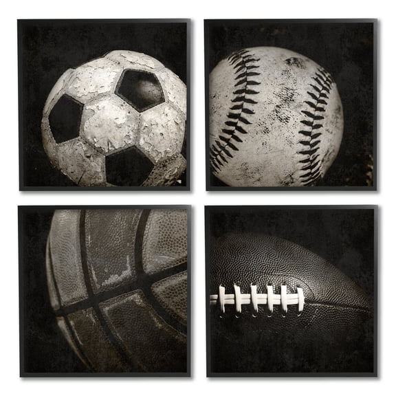 Stupell Industries Sports Balls Photography Sports Photography Black Framed Art Print Wall Art, 12 x 12, Set of 4