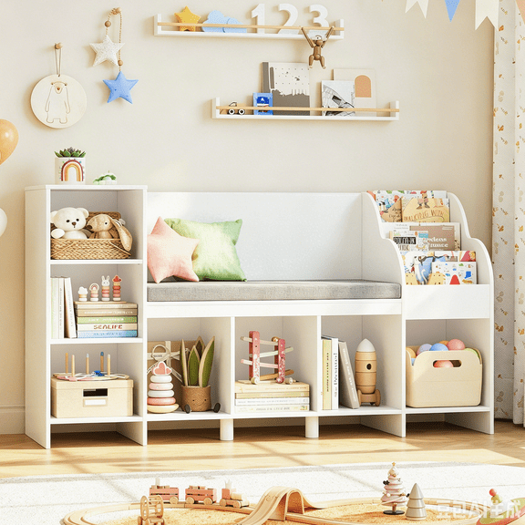 Homfa Kids Bookcase with Reading Nook, Toy Storage Organizer with Adjustable Bookshelf, 31.5'' H x 54.5'' W, White