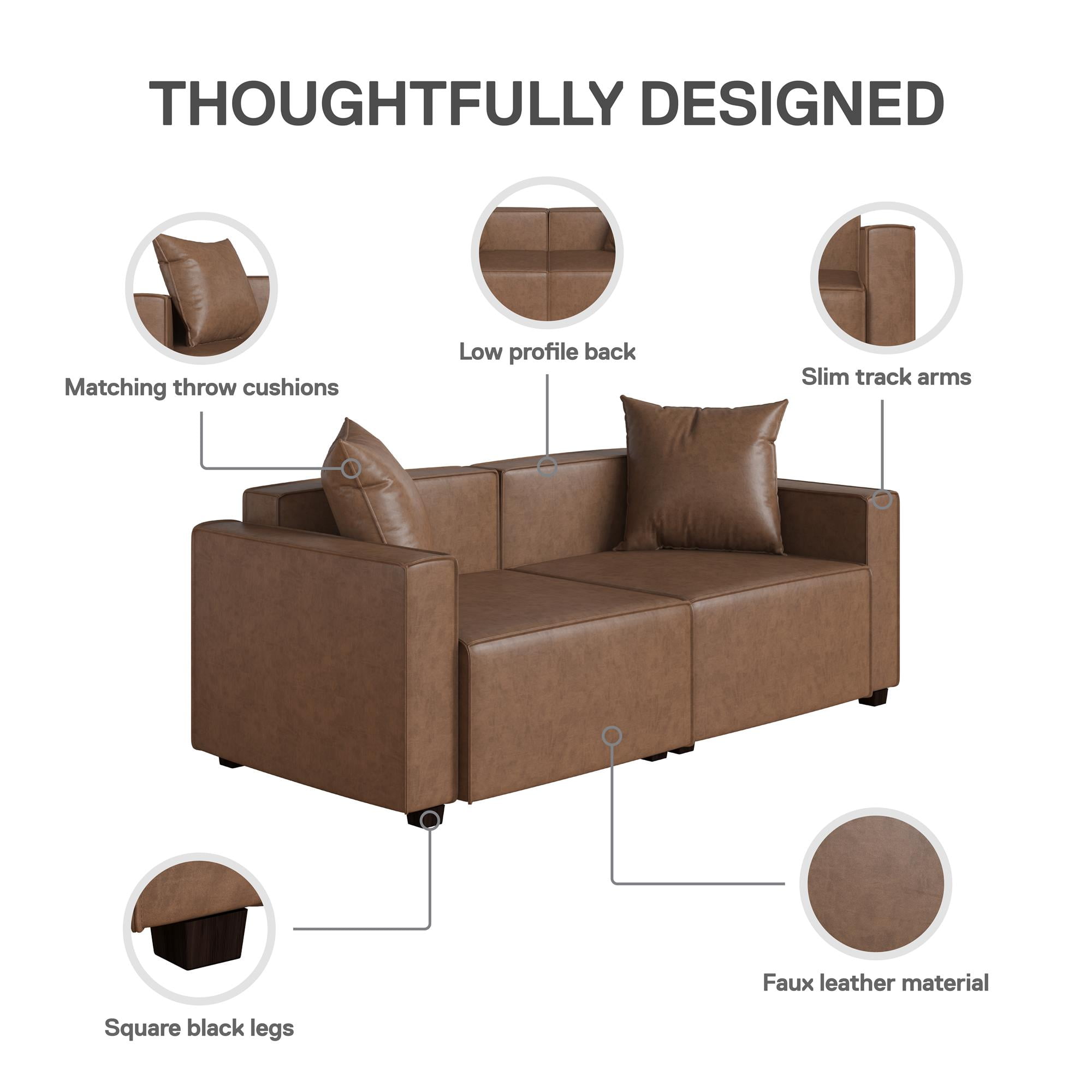 Mainstays Wynnewood 75" Low Profile Faux Leather Sofa Couch with 2 Throw Cushions, Brown