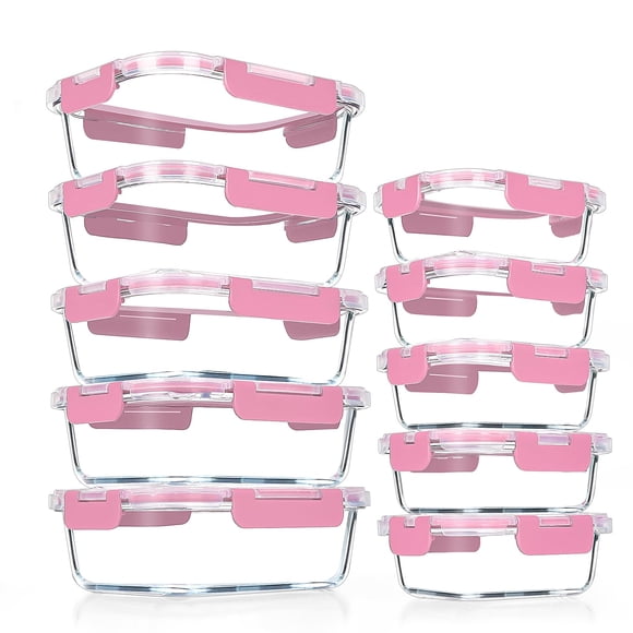 Recipientes de vidrio para preparación de comidas VERONES, paquete de 10 unidades, herméticos, color rosa