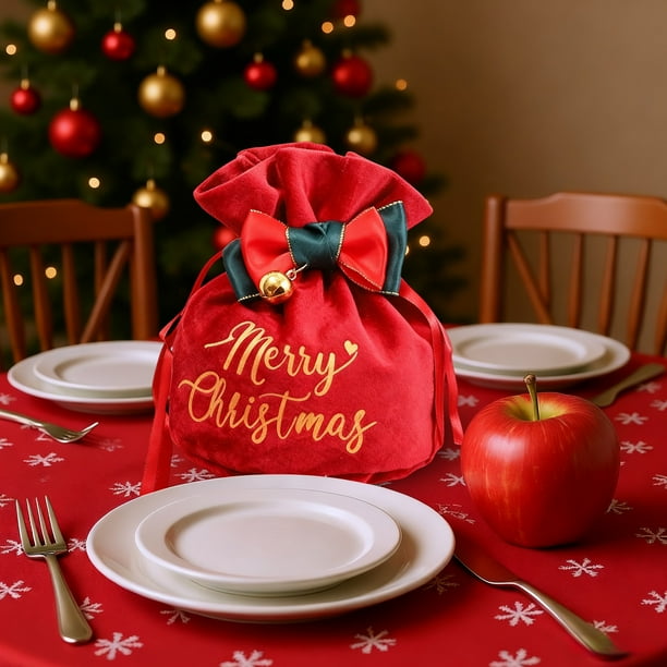 Bolsa De Tela Para Manzanas Bolsa navideña de terciopelo con cordón ajustable, 15 x 12 x 12 cm, ideal para regalos navideños (1 unidad) Rkxzt
