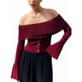 thumbnail image 3 of Off the Shoulder Tops for Women Long Sleeve Going Out Y2K Tops Knit Pullover Fall Outfits Trendy Red S, 3 of 8