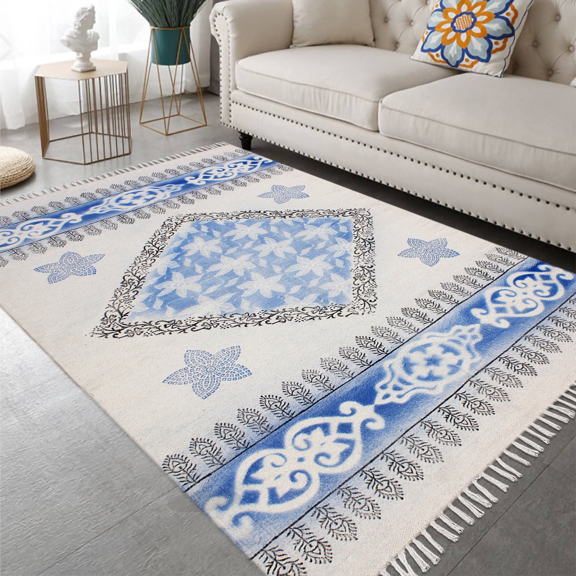 Casavani Handmade Cotton Kilim Traditional Rug,Blue 5x8 feet