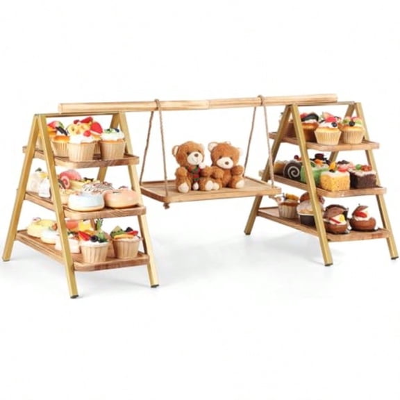 3 Tier Cupcake Stand With Swing Design Cake Display Stand Large Food Desert Table Display Stand Metal Frame Wooden Base For Desserts Fruits And Treats For Weddings Parties Baby Showers Events