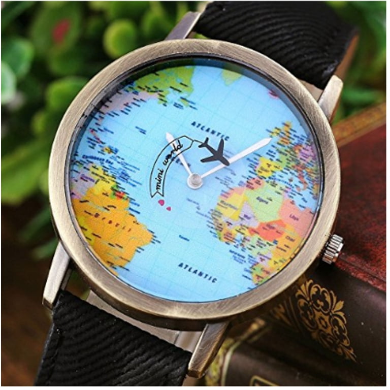 Rotating Airplane World Map Watch Unisex Bronze Case Black Band