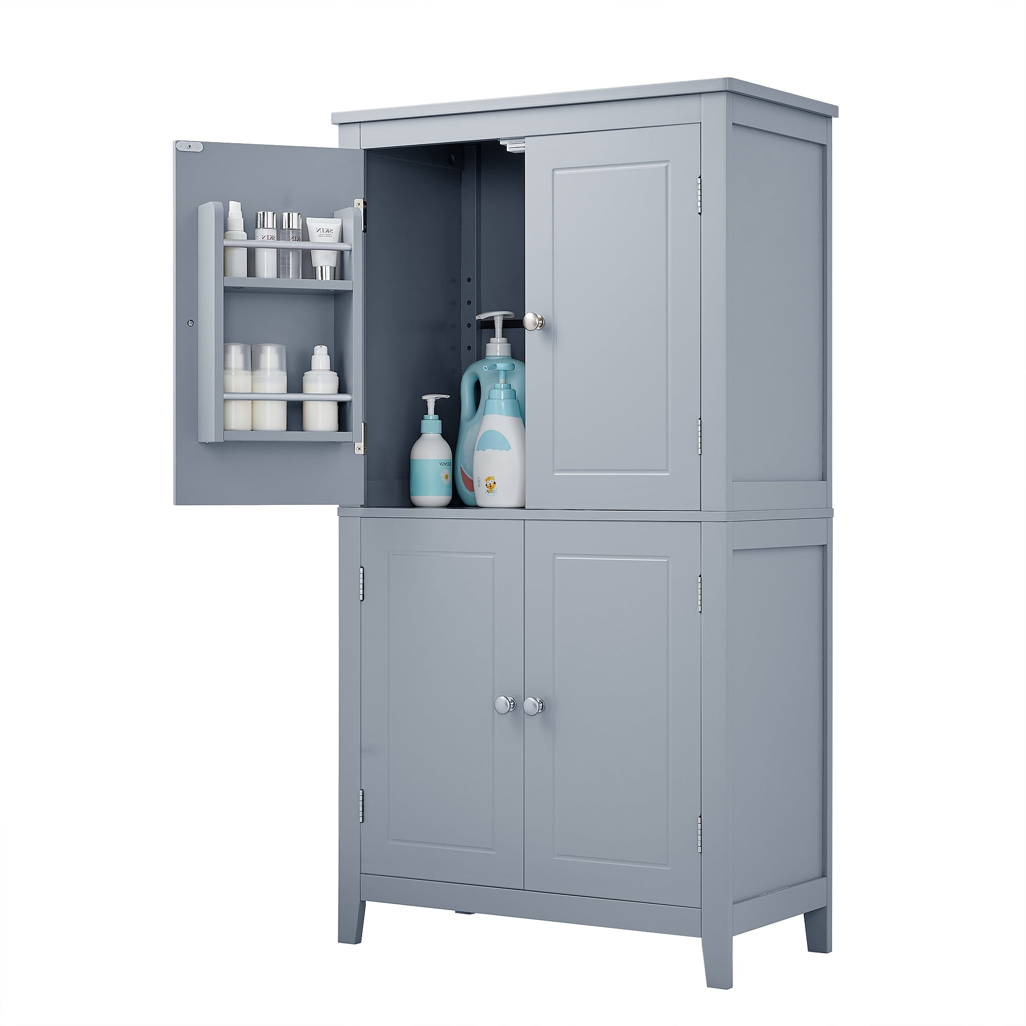Elegant Bathroom Floor Storage Cabinet, Bathroom Storage Unit, Freestanding Cabinet with 4 Doors, Adjustable Shelves, Adaptable Shelves, Grey