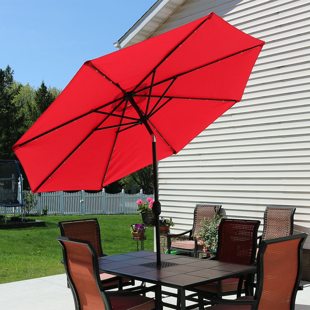 Sunnydaze Solar Outdoor Patio Umbrella with LED Lights, Tilt & Crank, Aluminum, 9 Foot, Red ...