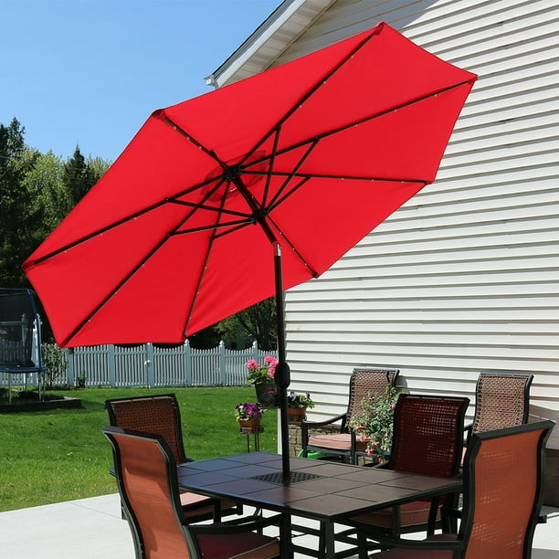Sunnydaze Solar Outdoor Patio Umbrella with LED Lights, Tilt & Crank, Aluminum, 9 Foot, Red