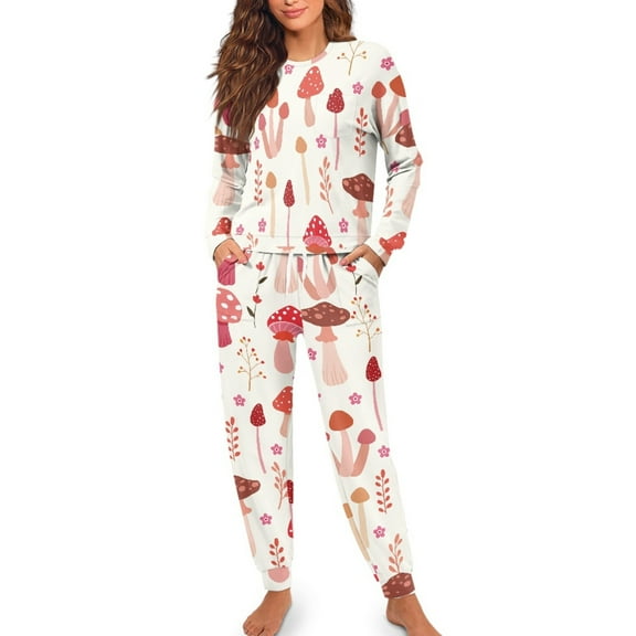 Yuyamidu Mushroom Pajama Set of 2 Pieces Women's Long Sleeve Sweatshirt & Sweatpants with Pockets Pink Flower Scoop Neck Sleepwear Vacation Sport Jogger Longewear Size M