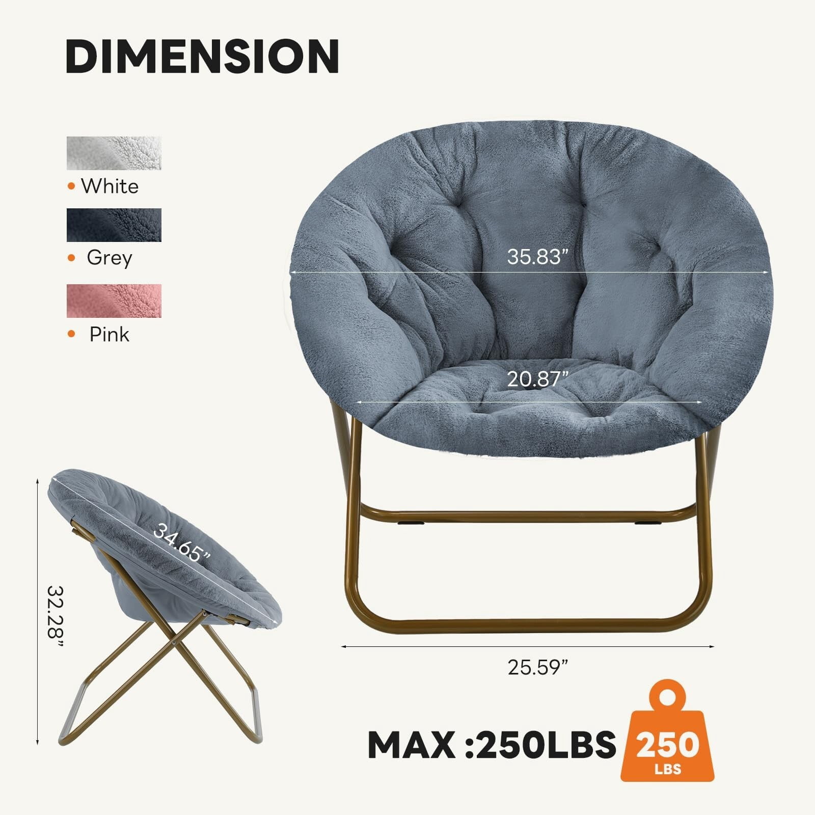 Kelno Faux Fur Saucer Chair 250lb Capacity Foldable Round Lounge Chair Soft Plush Folding Moon Chair, Gray