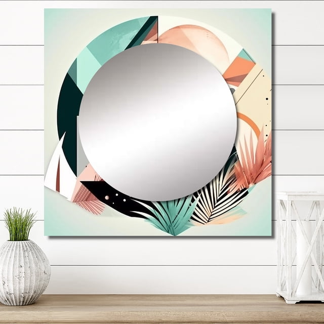 Designart "Boho Landscape Earthy Green With Unapologetic Pink III" Modern Geometric Square Mirror For Wall Decor - Large Turquoise Square Printed Wall Mirror Art - Wall Mounted Mirror