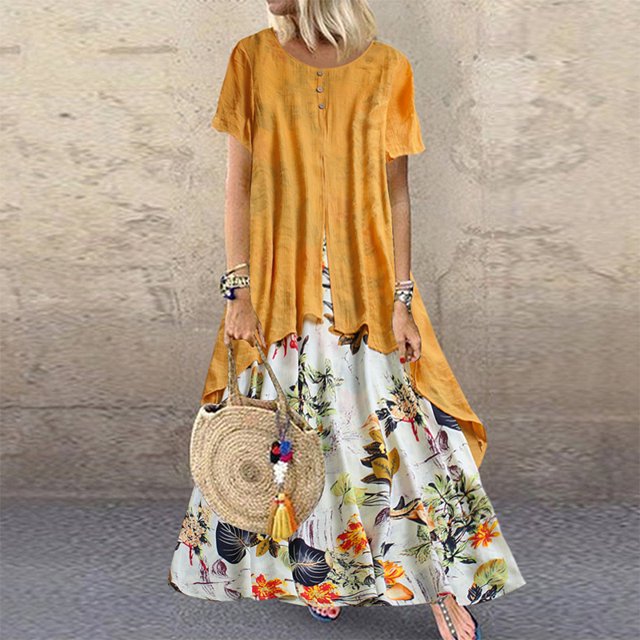 ZANZEA Robe Maxi à Fleurs pour Femmes à Manches Courtes et Col Rond
