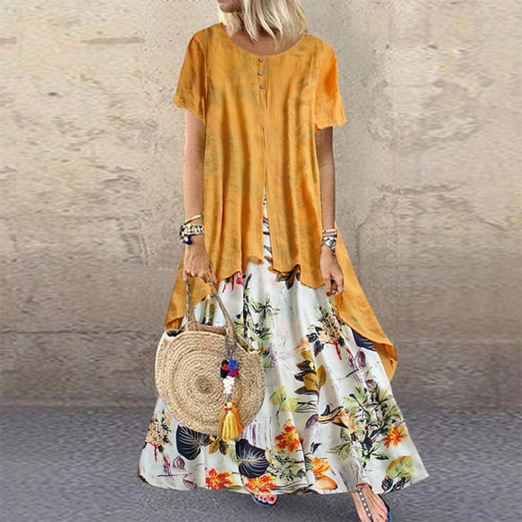 ZANZEA Women Short Sleeve Round Neck Floral Maxi Dress