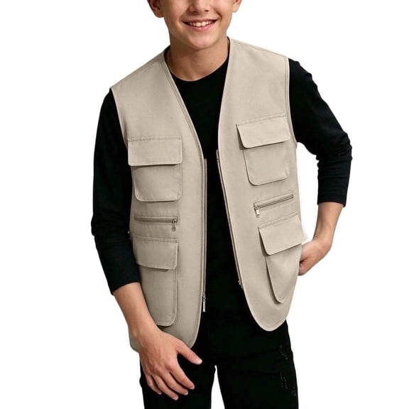 OGLCCG Safari Vest Boys Kids Lightweight Cargo Outerwear Vest for Hiking Fishing Travel Outdoor Sleeveless Jackets(Khaki,7-8 Years)