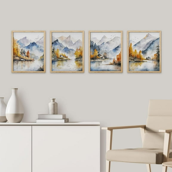 PixonSign Framed Wall Art Pastel Mountain with Golden Forest Prints, Set of 4 Nature Wilderness Wall Décor, Modern Adhesive Canvas Posters for Living Room, Bedroom, Office - 11"x14" Natural