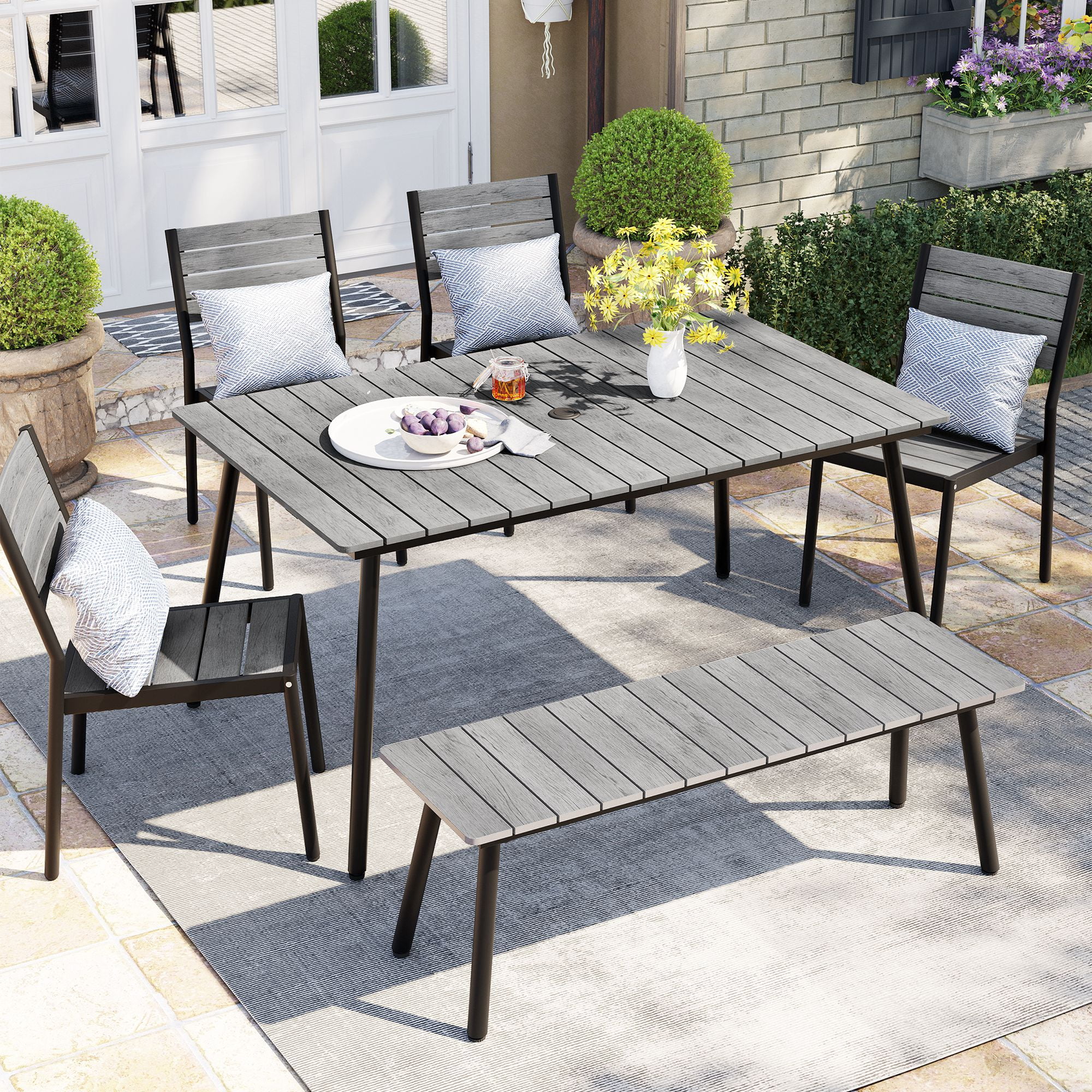 Pellebant 6 Pcs Gray Outdoor Patio Set Dining Chairs Table with