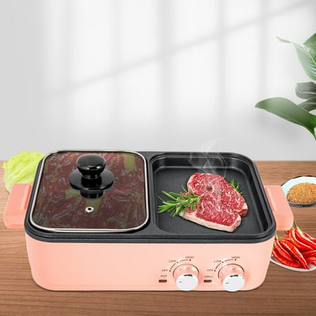 Small Electric Hot Pot with Grill, Pink 2 in 1 Indoor Non-Stick Electric Hot Pot and Griddle for BBQ, Steaks, Independent Dual Temperature Control, 14.96 * 8.66 * 3.94 inch