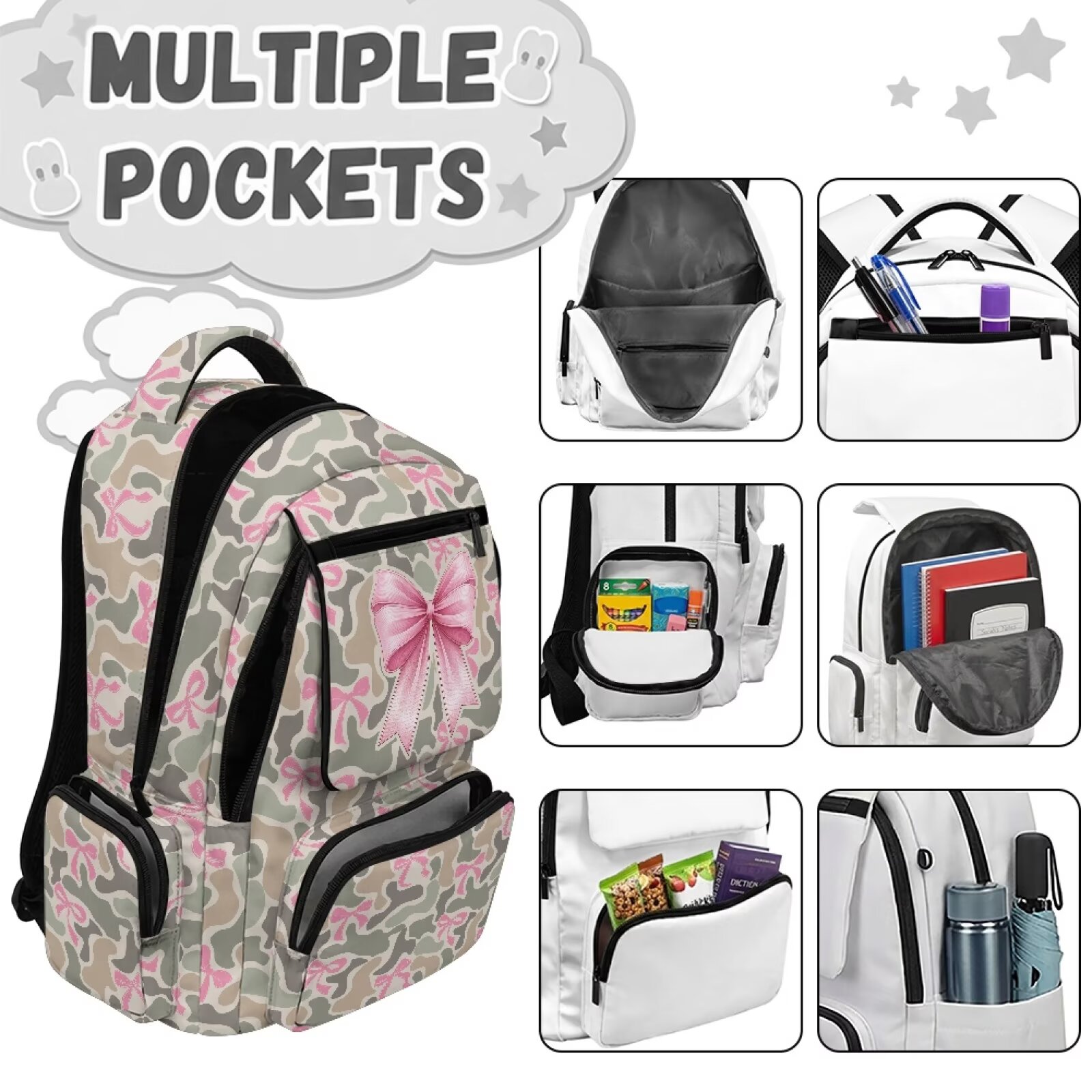 Mochila escolar para adolescentes, rosa salvia con moño camuflaje para niñas de 17 pulgadas, compatible con laptop de 15.6, correas ajustables ligeras para preparatoria 6