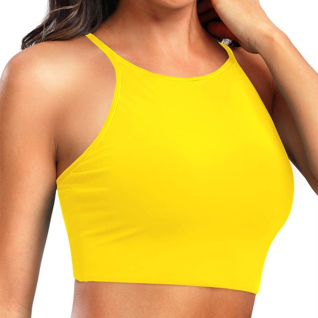 Women's Plus Size Swim Top Solid Color Adjustable Straps Removable Pads Racerback Tankini Top Summer Beach Pool Bathing Suit Yellow