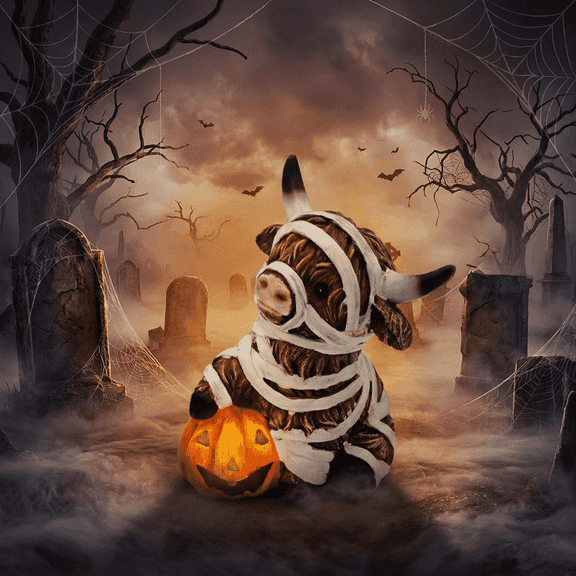 Lumiartisan Halloween Highland Cow Figurine Resin Mummy Cow Decor Brown 4.92 inch