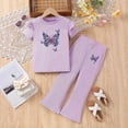 thumbnail image 2 of HCNTES Kids Girls Spring Summer Clothes 2 Piece Outfit Set T-Shirt Top + Cargo Pants Little Girl School Clothing Set Size 3T 4T 5T 6T 7T(H03-Purple,4-5 Years), 2 of 4