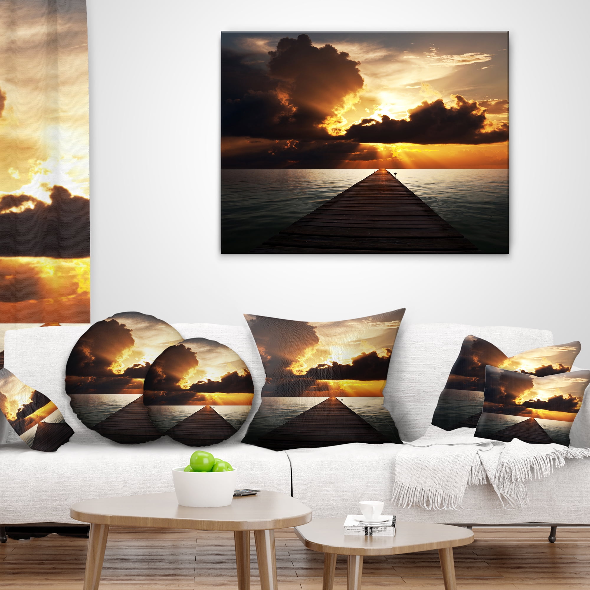 Designart Indefinite Wooden Pier to Gloomy Sea - Bridge Throw Pillow - 12x20