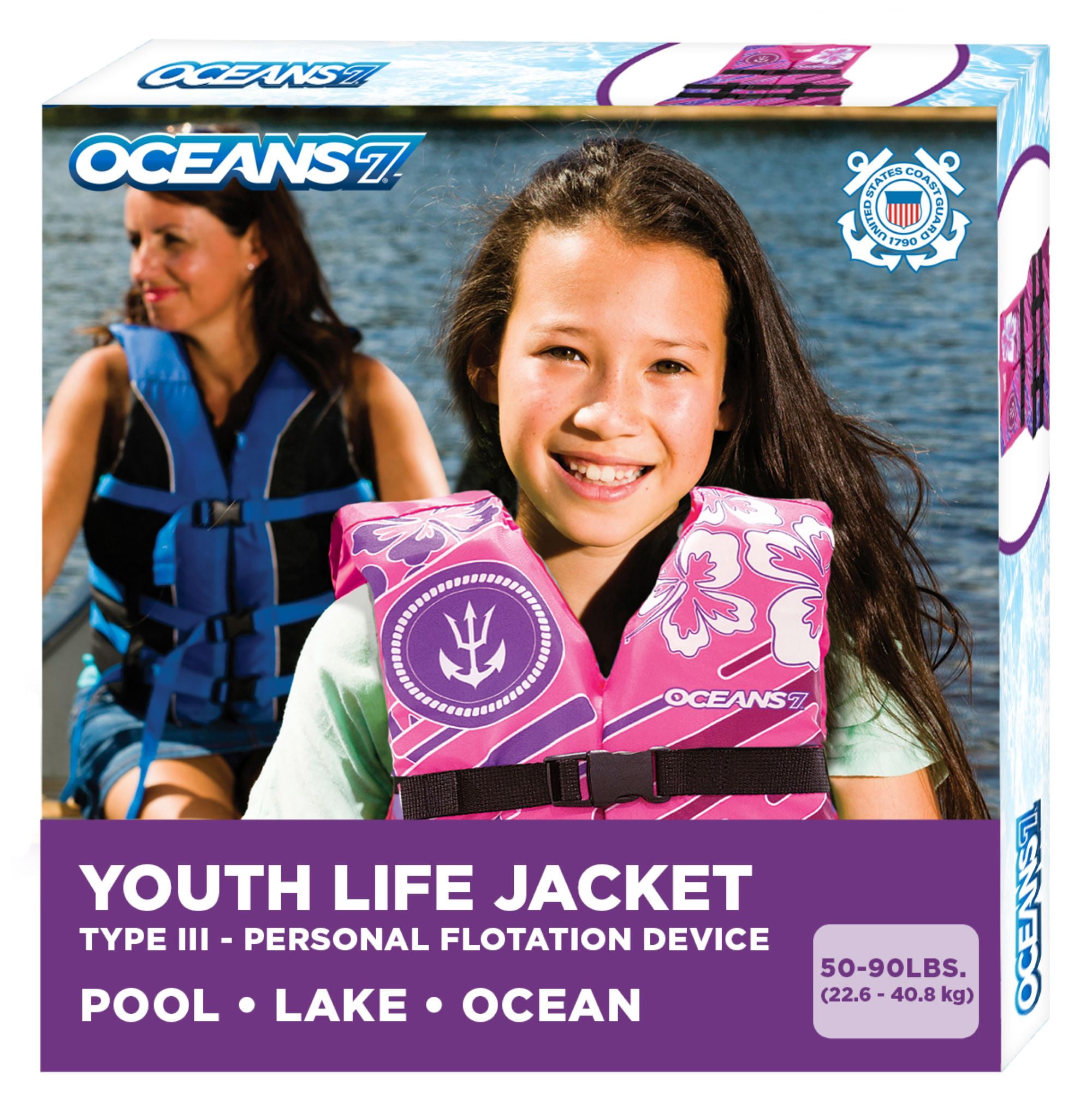 Oceans7 Youth Open Side Life Vest, Durable, 50-90 lbs, Pink/Purple, Unisex, Nylon