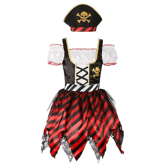 Gupgi Girls Pirate Outfit, Halloween Cosplay Party Costume Striped Cold Shoulder Short Sleeve Irregular Hem Dress+Pirate Hat