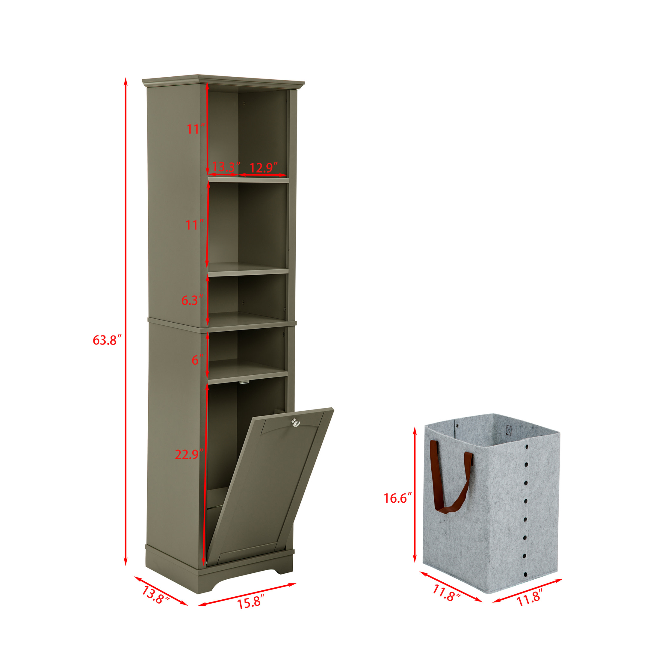 Noble House Bathroom Storage Cabinet with Laundry Hamper, Adjustable Shelves, Standing Organizer for Small Spaces, Grey
