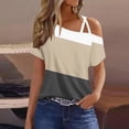 thumbnail image 2 of Off One Shoulder Tops for Women Summer Color Block Cold Shoulder T Shirts Vacation Casual Loose Basic Blouses (XL, Khaki), 2 of 4