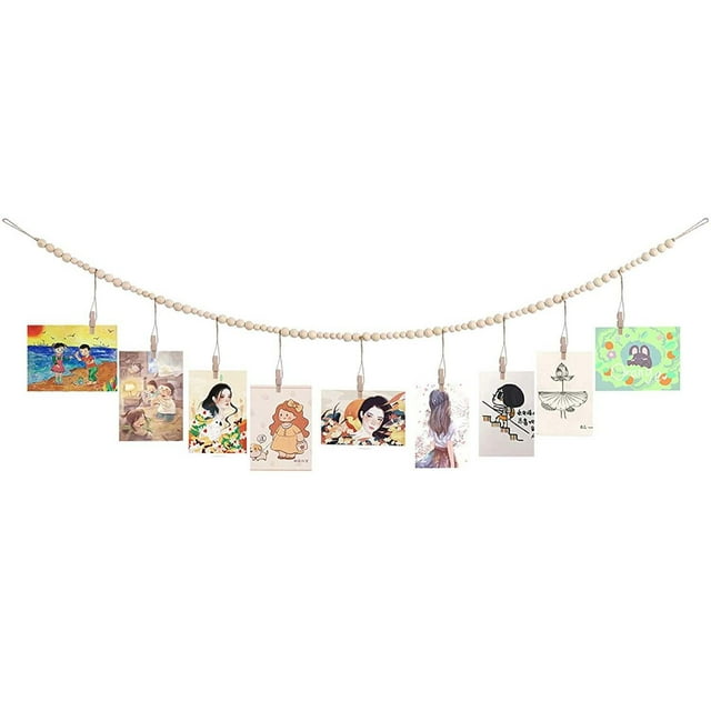 Pantalla de fotos de pared de guirnalda de cuentas de madera, marco de fotos de collage de decoración de pared bohemia, soporte de fotos con 9 clips de madera, decoración rústica del dormitorio del h JAMW Sencillez